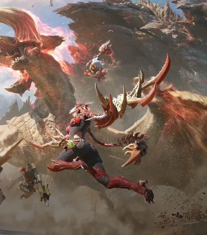 Four Monster Hunter Outlanders hunters fighting together in Aesoland
